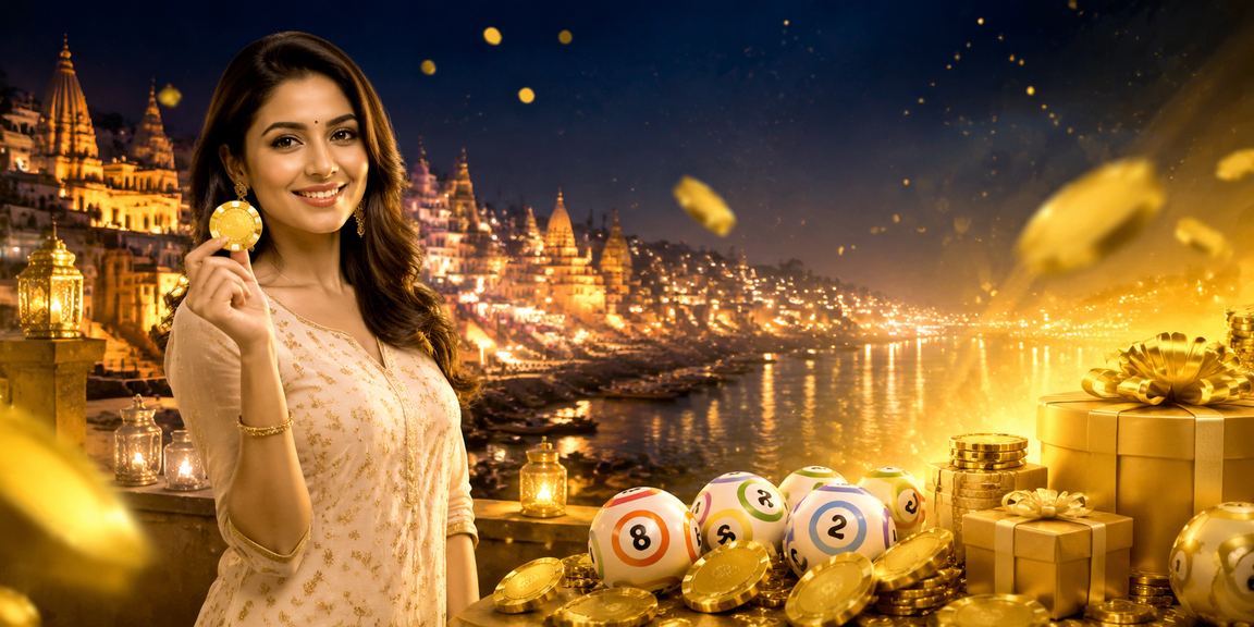 Scenic view of Varanasi ghats with local lottery game vibe